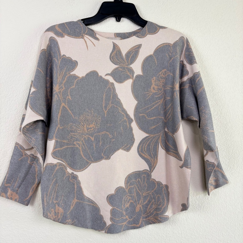 Sioni Small Pink Grey Floral‎ Dolman Sweater 3/4 Sleeve Ribbed Knit Top Cottage